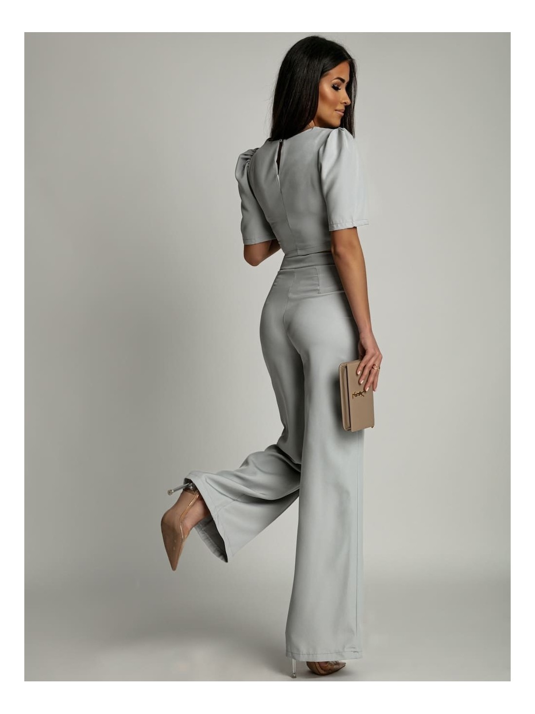 Elegant set of short blouse and wide pants, gray AZR243041